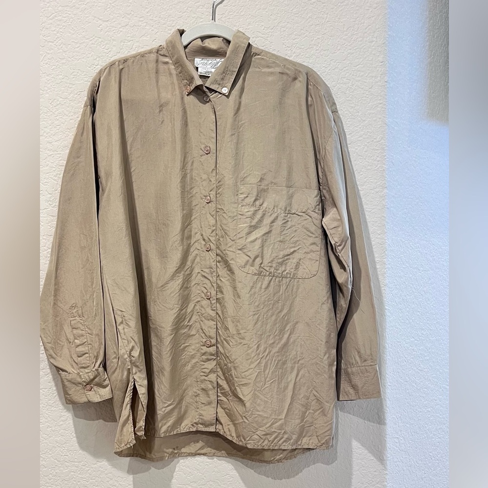 Lord & Taylor 100% Silk Blouse |  Women’s Medium | Khaki Long Sleeve Button-Up